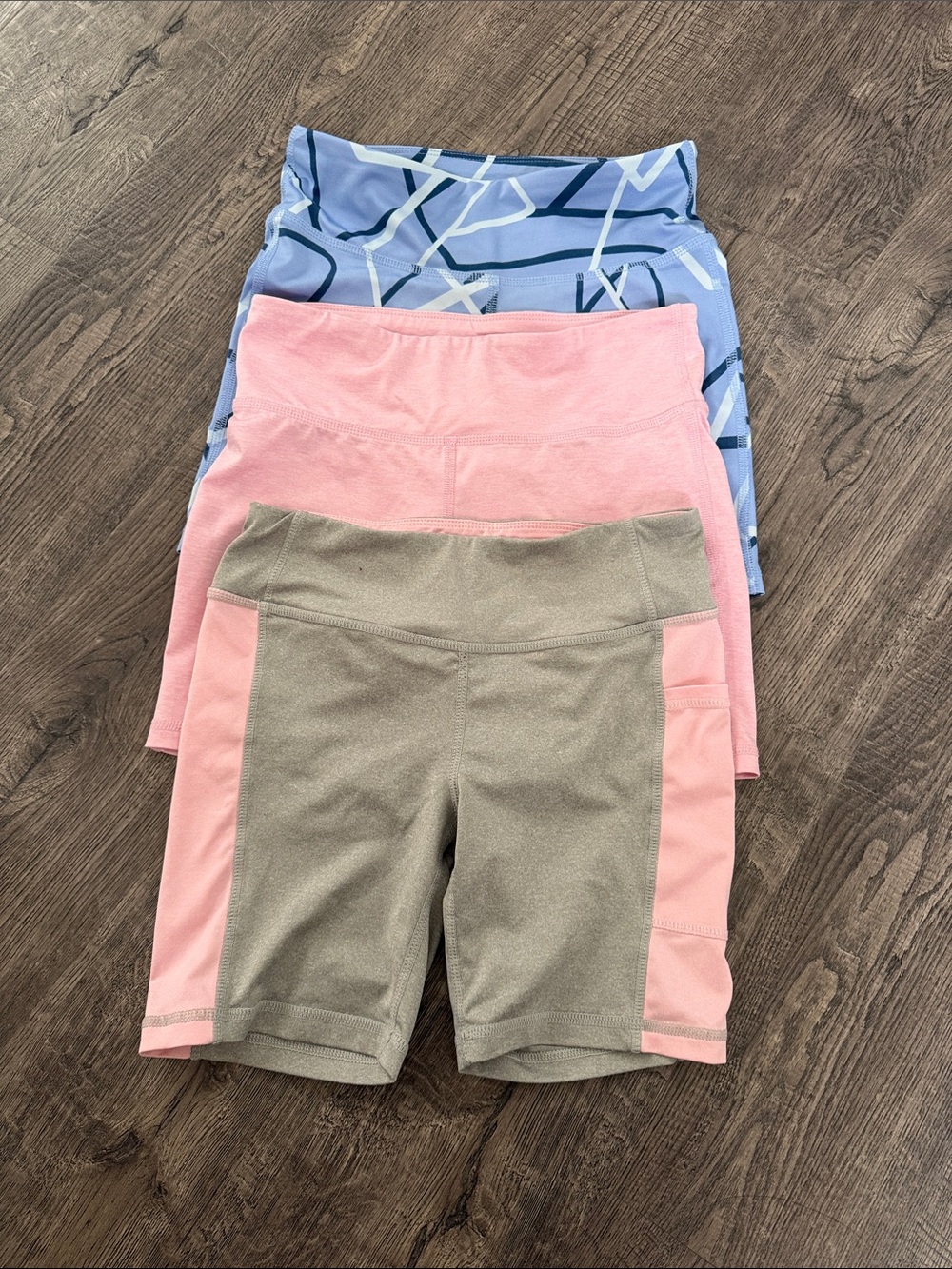 Ideology Girls 3-Pack Bike Shorts — Blue Geometric, Pink, Olive with Pink Panels